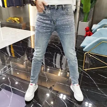 Стильная роскошная мужская уличная одежда, облегающие джинсы с потертостями и стразами, синие дизайнерские джинсы cowboy Slim Fit